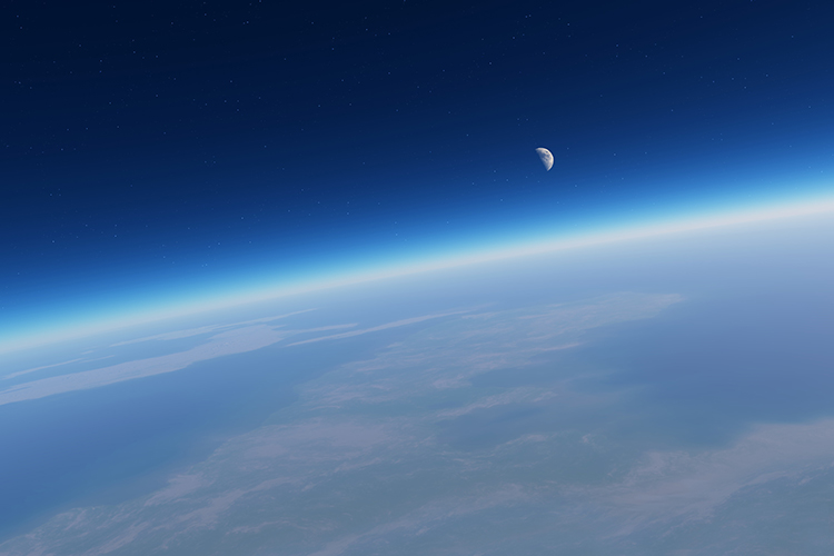 Panoramic of the earth showing the layers of the atmosphere with the moon in the distance.