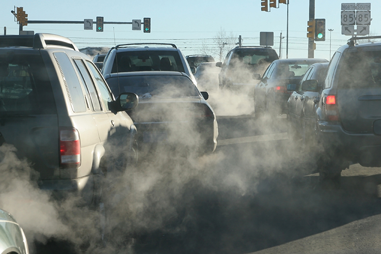 At a traffic light several cars emit smoke.