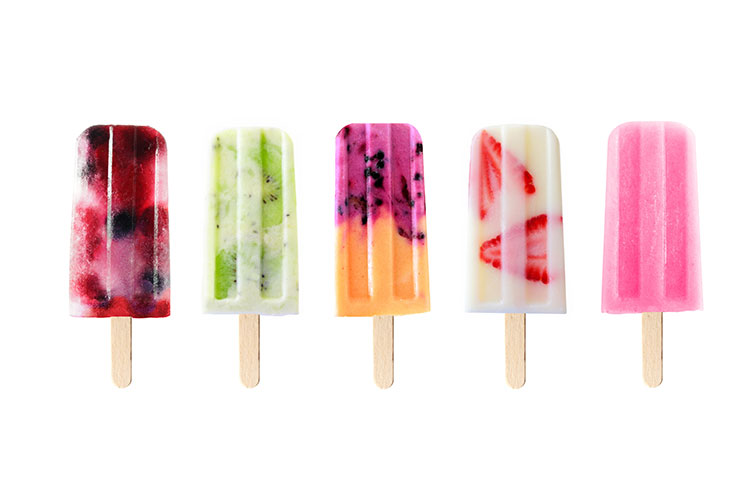 Image of five different fruit popsicles made with real fruit